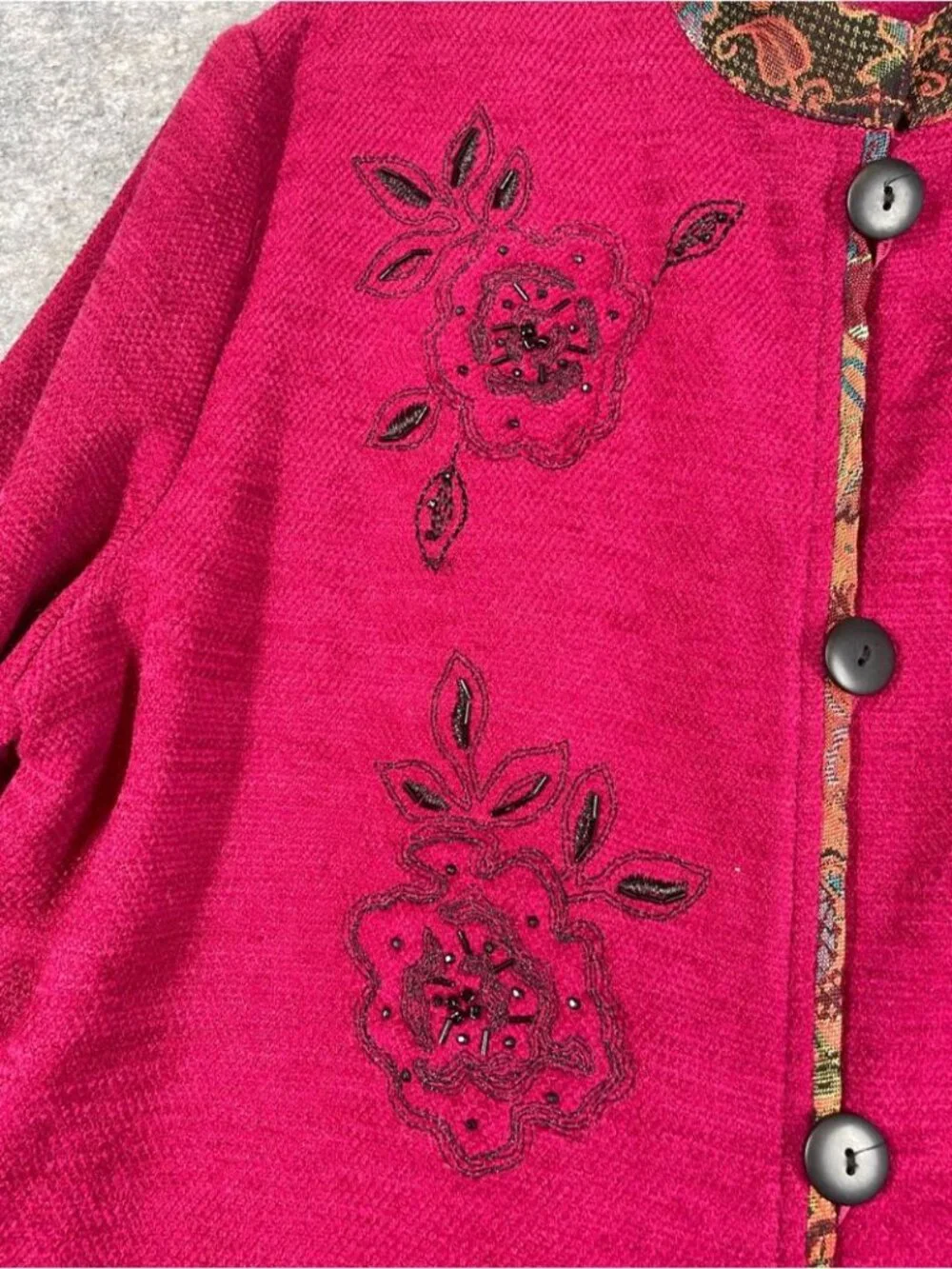 Vintage Napa Valley Embroidered Magenta Jacket Paisley Trim Large Boho Artsy